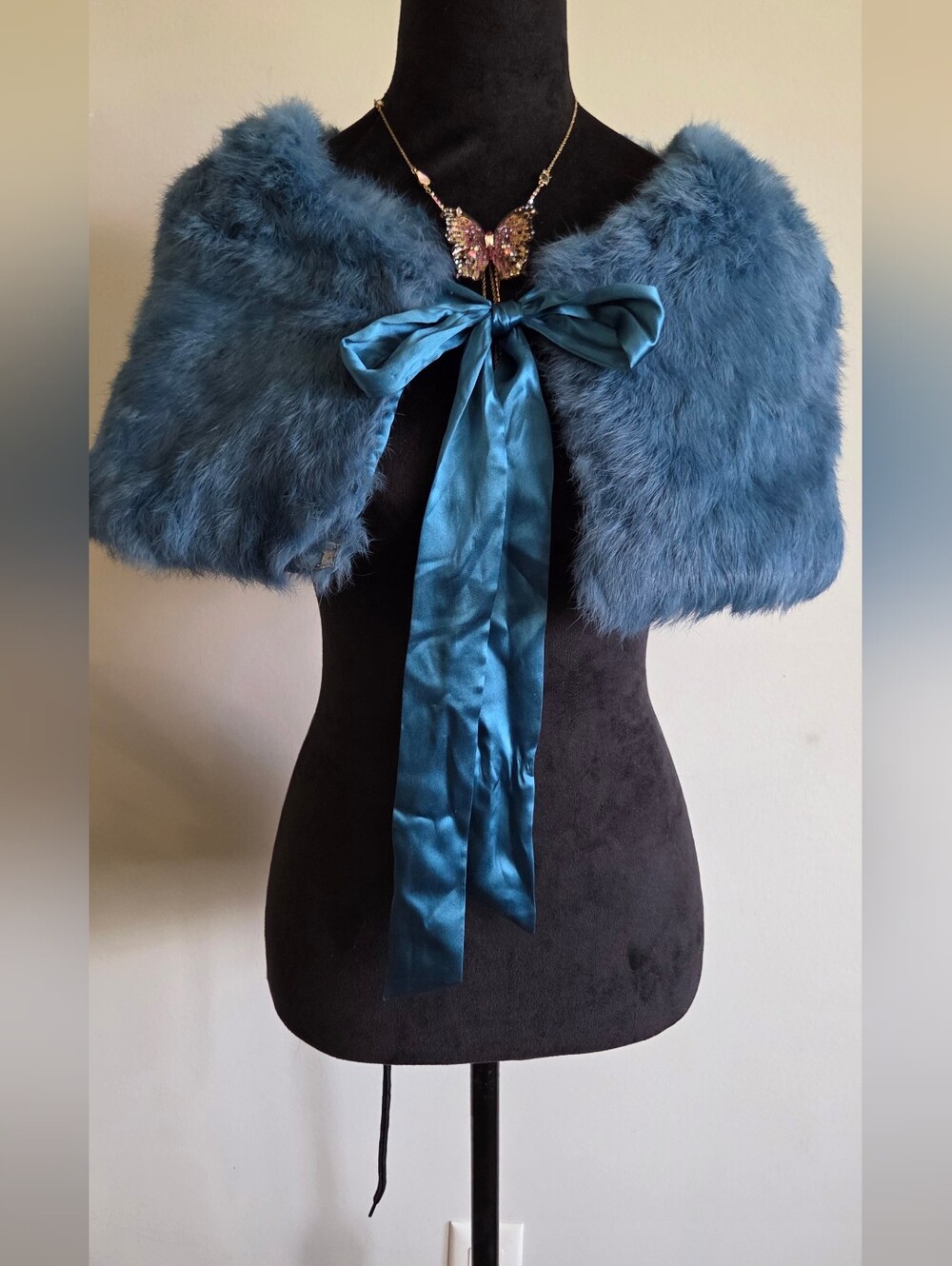 bebe Teal Rabbit Fur Capelet with Satin Bow